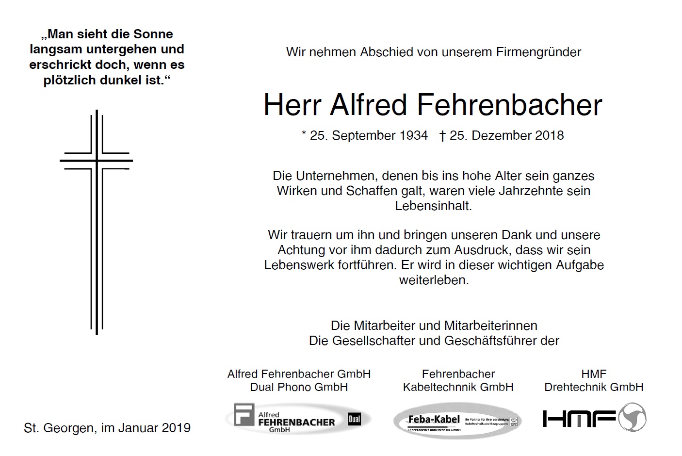 Traueranzeige Alfred Fehrenbacher